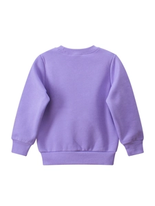 Flat lay of a purple long-sleeved kids' fleece sweatshirt with ribbed cuffs and hem