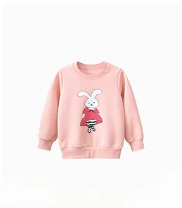 Detailed view of pink cotton kids sweatshirt with cute bunny print and ribbed cuffs