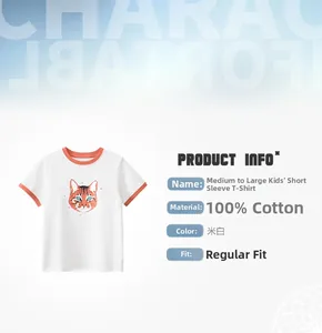Detail info of 100% cotton kids t-shirt with orange trim and cat cartoon print