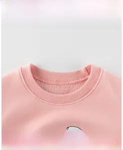 Detail of pink ribbed neckline and soft fleece lining on a warm children's sweatshirt