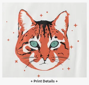 Close-up of vibrant cat face print on white cotton T-shirt featuring mint green eyes