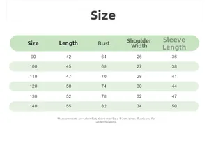 Detailed size chart for children's sweatshirt with measurements from 90cm to 140cm height