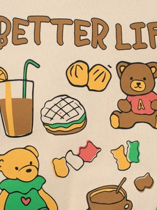 Kids beige fleece sweatshirt featuring cute bear and snacks print with Better Life text
