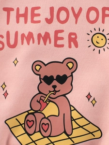 Pink kids fleece sweatshirt with cartoon bear wearing sunglasses print and summer slogan