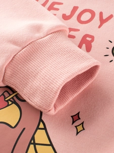 Pink fleece sweatshirt for kids featuring bear joy print and ribbed knit cuffs detail