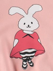 Pink cotton sweatshirt for girls featuring a cute cartoon rabbit print in Korean style
