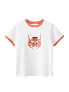 Kids Cartoon Cat Graphic T-Shirt 100% Combed Cotton Breathable Contrast Crew Neck Short Sleeve Tee For Teen Girls