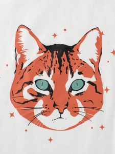 White cotton t-shirt for kids featuring a cute orange cartoon cat print and star details