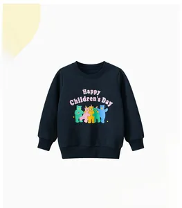 Navy blue kids sweatshirt with colorful bears and Happy Children's Day graphic print