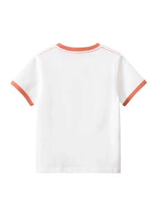Back view of a white cotton kids T-shirt with orange contrast ringer crew neck and sleeves