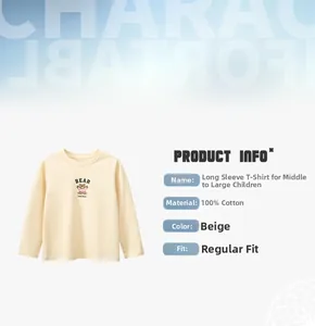 Detail showing 100% cotton fabric info and cute bear print on apricot long sleeve t-shirt