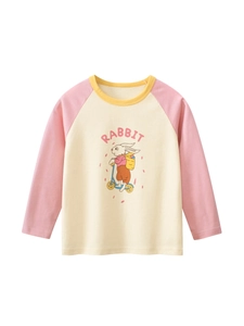 Meisjes Katoen Lange Mouw T-shirt Contrast Raglanmouwen Cartoon Konijn Print Ronde Hals Casual Basislaag Top Voor Kinderen