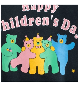 Close-up of Happy Children's Day colorful bear print on black cotton kids sweatshirt