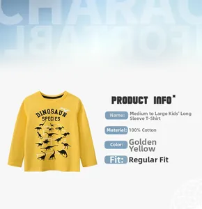 Detail view of 100% cotton long-sleeve kids T-shirt with dinosaur species print in yellow