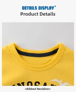 Close-up of the yellow ribbed neckline with a white dinosaur print on this cotton kids' tee