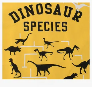 Macro detail of dinosaur species print on high-quality yellow cotton long sleeve T-shirt