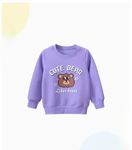Detail of purple cotton fleece sweatshirt featuring a cute cartoon bear and ribbed cuffs