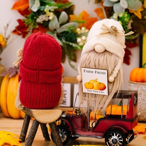 Detail van herfstkabouters met gebreide mutsen en Farm Fresh bord in rustieke setting