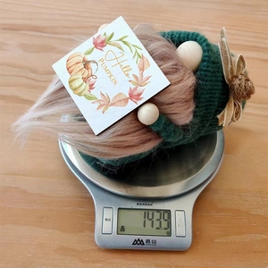 Detailopname van handgemaakte herfstkabouter van 143,9g op een digitale weegschaal