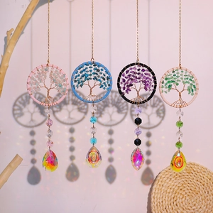 Crystal tree of life suncatcher set with colorful stones and rainbow teardrop pendants