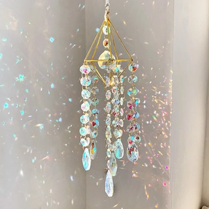 Golden geometric suncatcher with crystal prisms and teardrop pendants for garden decor