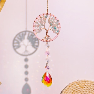 Pink Tree of Life crystal suncatcher with natural stones and rainbow teardrop pendant