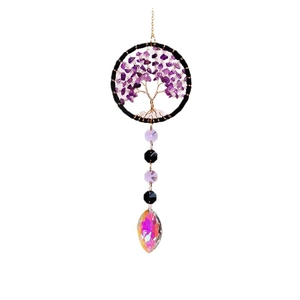 Handmade Tree of Life crystal suncatcher with purple stones and colorful prism pendant