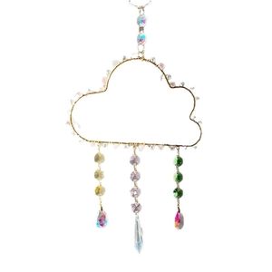 Cloud-shaped suncatcher with gold wire frame, colorful crystal beads, and rainbow prism drops