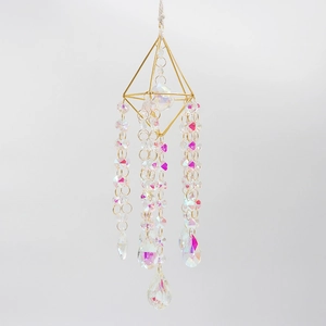Golden geometric suncatcher with multifaceted crystal drops for garden decoration