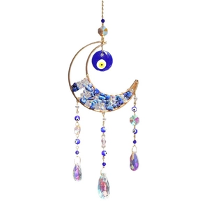 Golden moon evil eye suncatcher with blue crystals and rainbow prisms for window decor