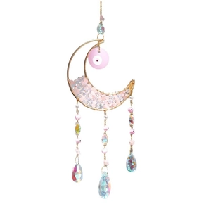 Pink crystal moon suncatcher with evil eye and iridescent hanging prisms for windows