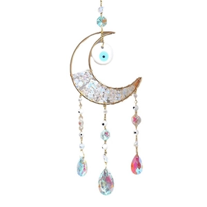 Golden moon suncatcher with evil eye bead and colorful crystal stone rainbow maker