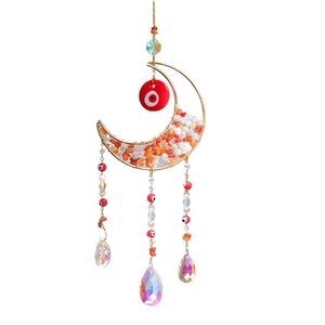 Bohemian moon suncatcher with orange crystals, evil eye bead and crystal prism pendants