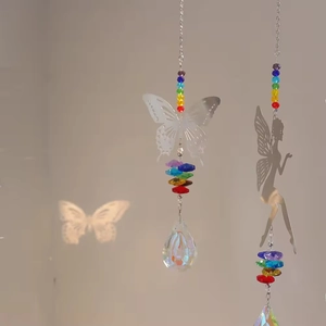 Rainbow crystal suncatcher with butterfly and fairy charms on silver metal chains