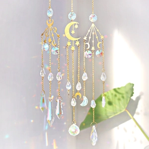 Crystal Suncatcher Hanging Ornament Moon Star Celestial Gold Metal Chain Prism Rainbow Maker Window Garden Boho Decor