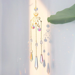 Star and moon gold crystal suncatcher with AB colorful hanging prisms for garden decor