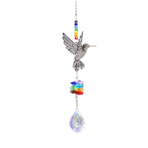 Hanging silver hummingbird suncatcher with colorful beads and crystal pendant decoration