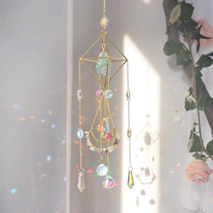 Detail of golden suncatcher with natural fluorite and crystal prisms reflecting rainbows