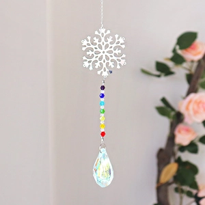 Rainbow crystal suncatcher with silver snowflake pendant and colorful beads for home decor