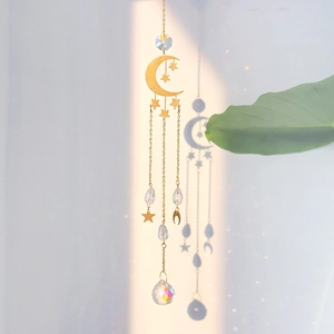 Golden moon and star suncatcher with multi-faceted crystal spheres for home garden decor