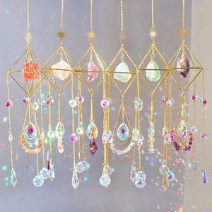 Geometric Gold Metal Suncatcher With Natural Gemstone And Crystal Prism Hanging Ornament Rainbow Maker For Window Garden Decor