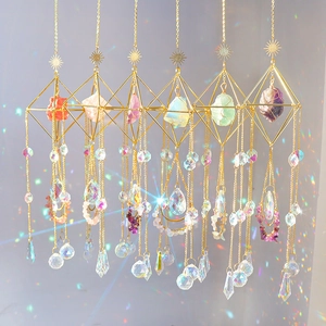 Set of 6 gold suncatchers with natural raw stones and geometric crystal prisms for garden