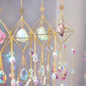 Golden suncatcher crystal pendant with natural gemstones and rainbow prism refraction