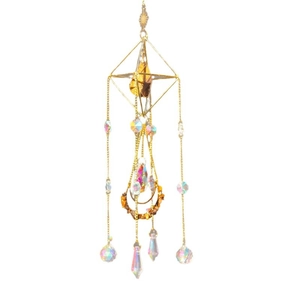 Golden sun catcher pendant with geometric crystal air plant holder and hanging droplets