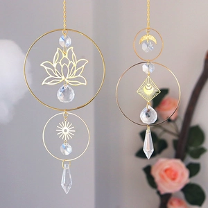 Bohemian gold sun catcher with star, moon motifs and AB colored crystal prisms set
