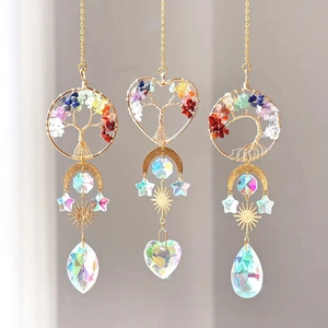 Tree of Life Crystal Suncatcher Hanging Decor Handmade Metal Wire Wrapped Natural Stones Chakra Sun Moon Star Pendant Wind Chime Home Garden Window Decoration Gift