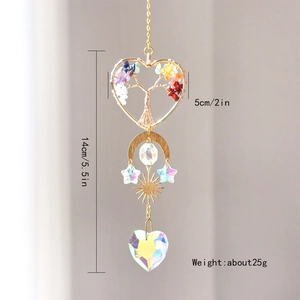 Golden Tree of Life crystal suncatcher with heart frame and multi-color stone beads