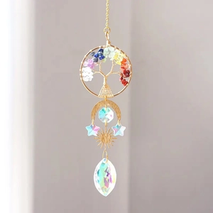Tree of Life suncatcher with colorful crystal stones and a multifaceted glass drop pendant