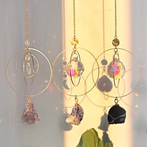 Handmade Crystal Moon Suncatcher Prism Light Catcher Gold Metal Geometric Hanging Decor With Natural Raw Stone For Home Car Window