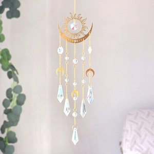 Scacciapensieri boho sole e luna in oro con cristalli K9 per catturare la luce